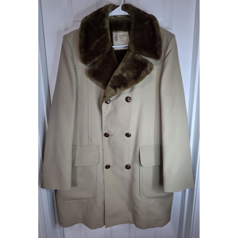 Vintage London Fog Women's Coat Faux Fur Lined Double Breasted Beige 70s